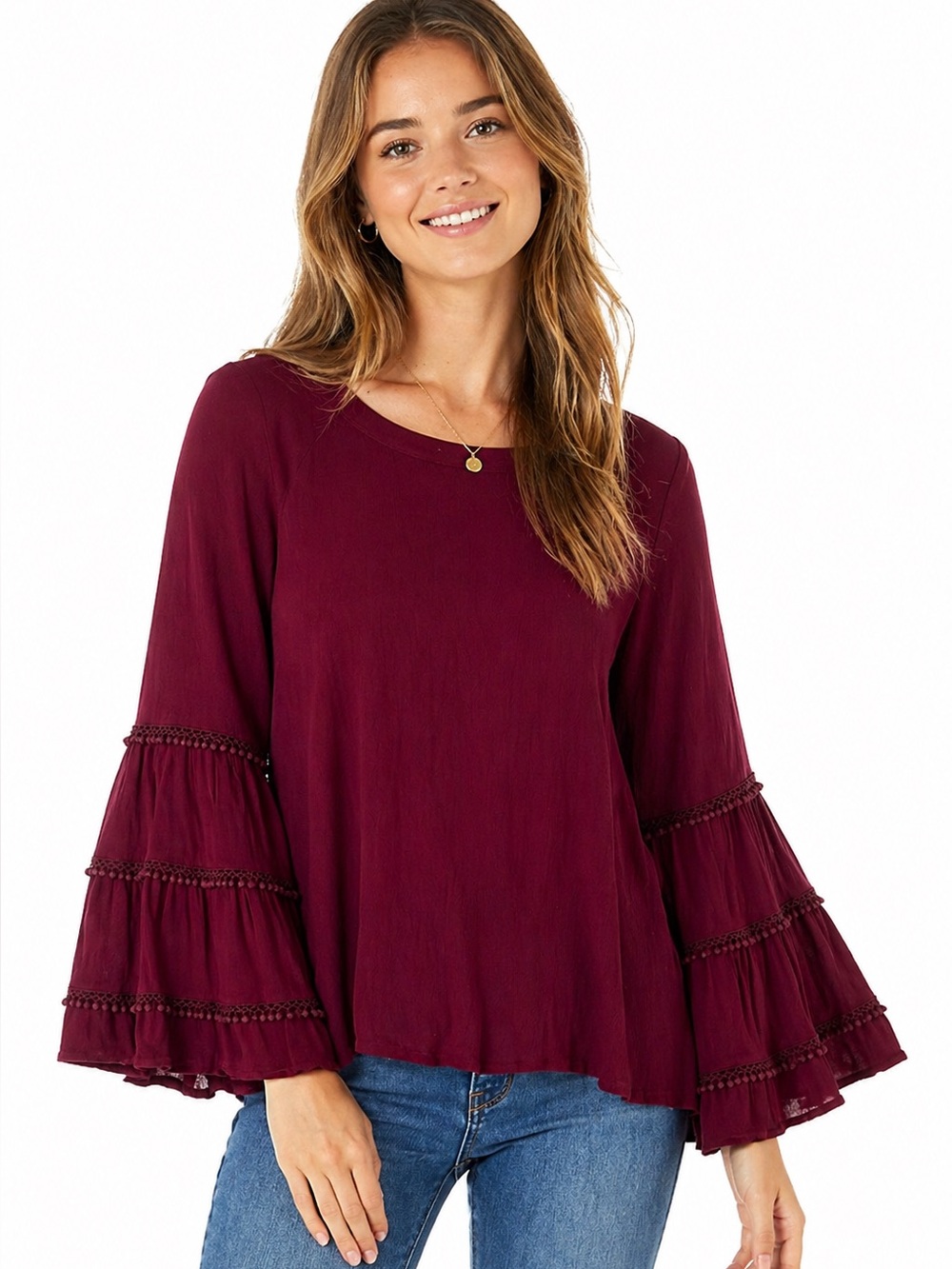 Altar’d State Burgundy Boho Bell Sleeve Blouse Tiered Ruffle Flowy Top - Size M